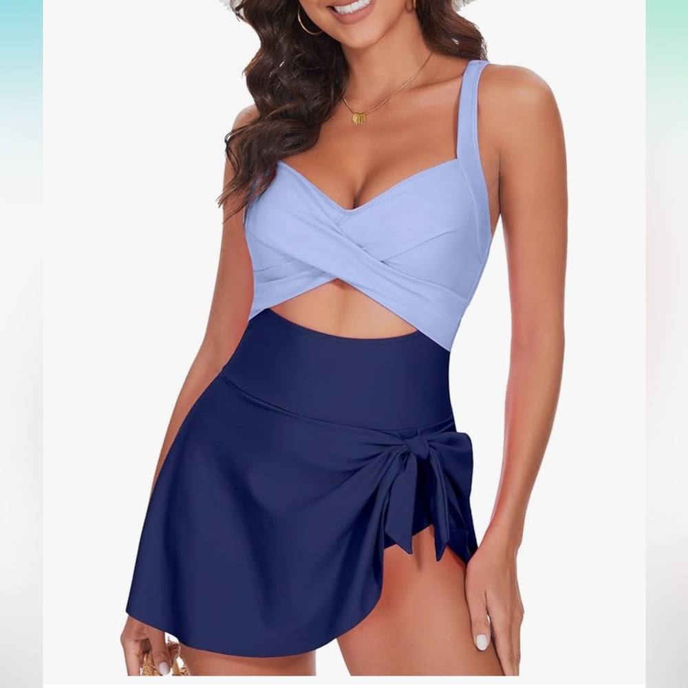 MFAVIP One Piece Swimsuit Women Tummy Control Swim Dress Bathing Suit Blue M